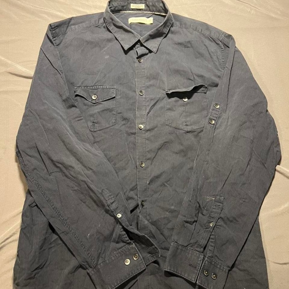 Calvin Klein Mens XL Navy Blue Pinstripe‎ Long Sleeve Button Down Shirt Cotton